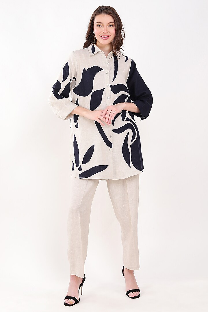 Beige & Navy Blue Linen Leaf Applique Embroidered Shirt by Linen Bloom at Pernia's Pop Up Shop