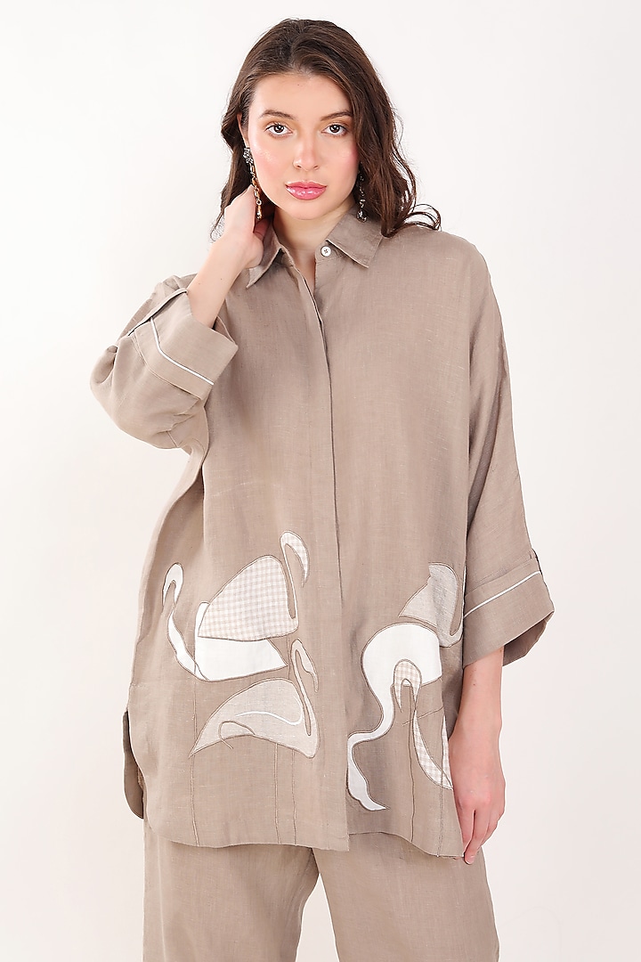 Khaki Linen Flamingo Embroidered Shirt by Linen Bloom at Pernia's Pop Up Shop