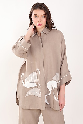 Khaki Linen Flamingo Embroidered Shirt by Linen Bloom