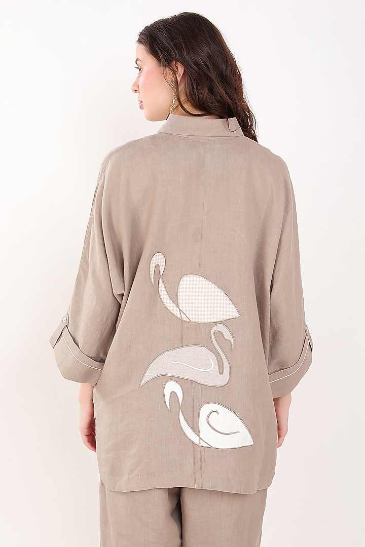 Khaki Linen Flamingo Embroidered Shirt by Linen Bloom at Pernia's Pop Up Shop