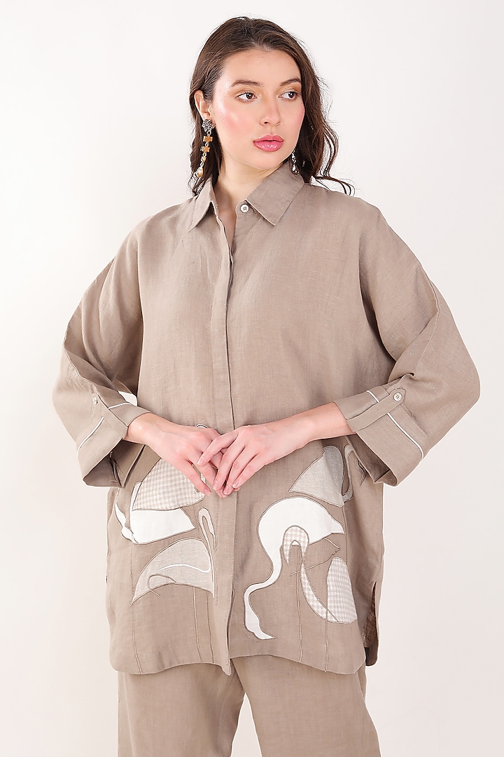 Khaki Linen Flamingo Embroidered Shirt by Linen Bloom at Pernia's Pop Up Shop