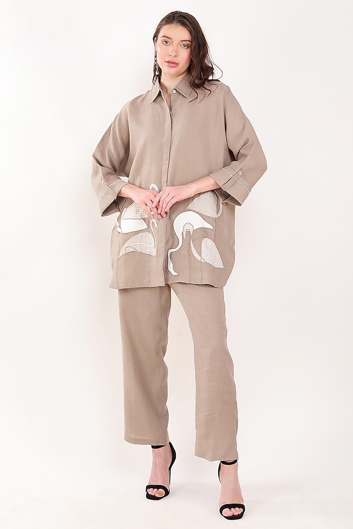 Khaki Linen Flamingo Embroidered Shirt by Linen Bloom at Pernia's Pop Up Shop