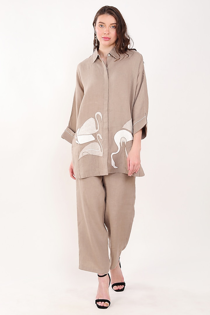 Khaki Linen Flamingo Embroidered Shirt by Linen Bloom at Pernia's Pop Up Shop