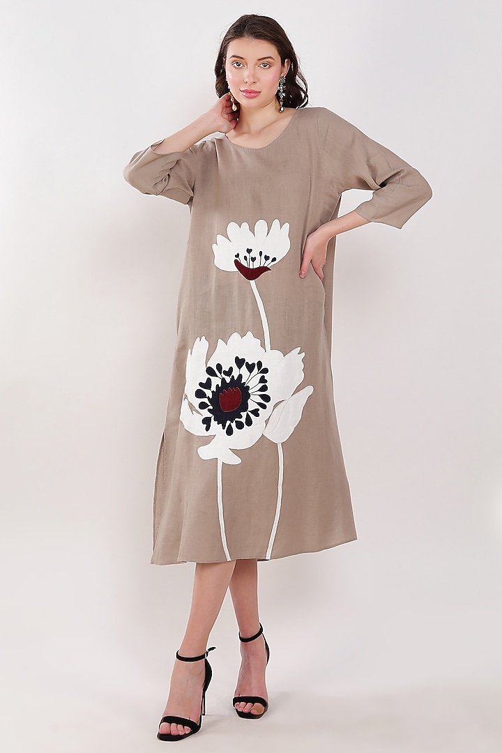 Khaki Linen Floral Embroidered Dress by Linen Bloom at Pernia's Pop Up Shop