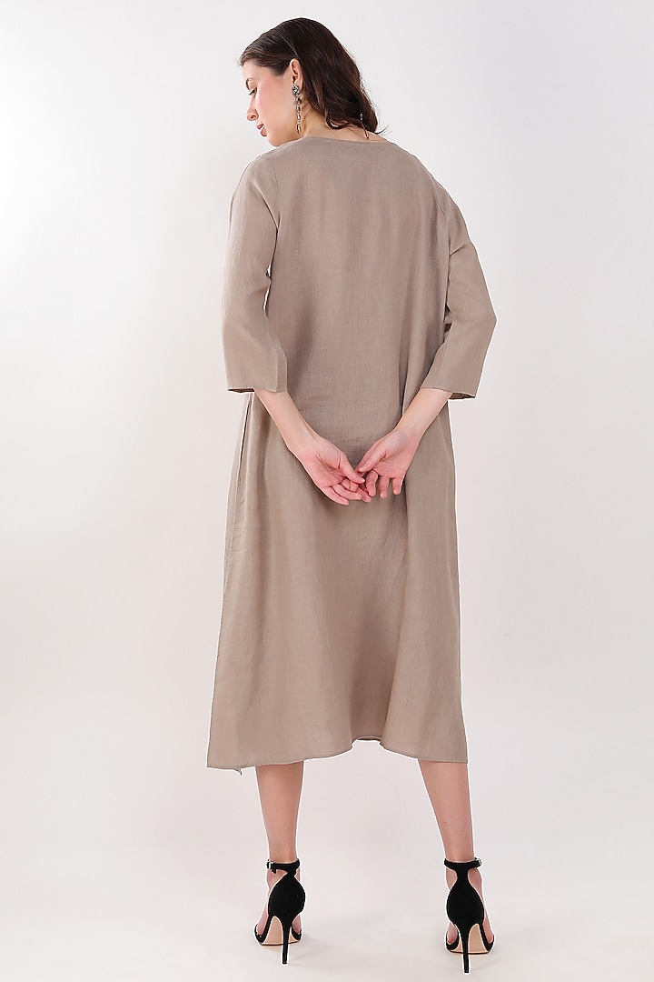 Khaki Linen Floral Embroidered Vacation Dress by Linen Bloom at Pernia's Pop Up Shop