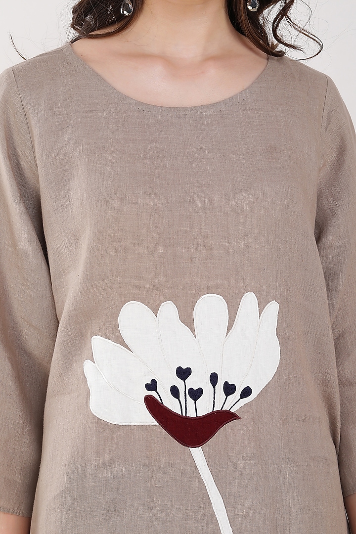 Khaki Linen Floral Embroidered Vacation Dress by Linen Bloom at Pernia's Pop Up Shop