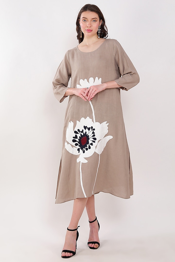 Khaki Linen Floral Embroidered Vacation Dress by Linen Bloom at Pernia's Pop Up Shop