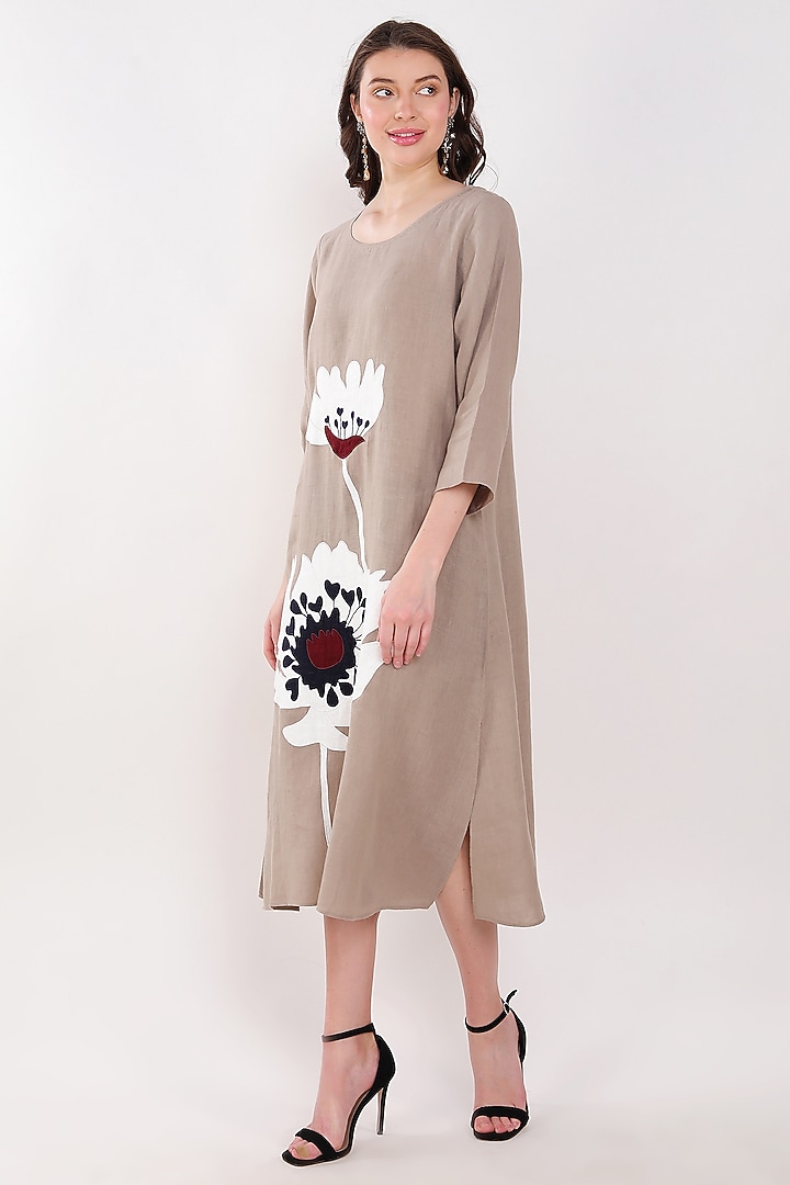 Khaki Linen Floral Embroidered Vacation Dress by Linen Bloom at Pernia's Pop Up Shop