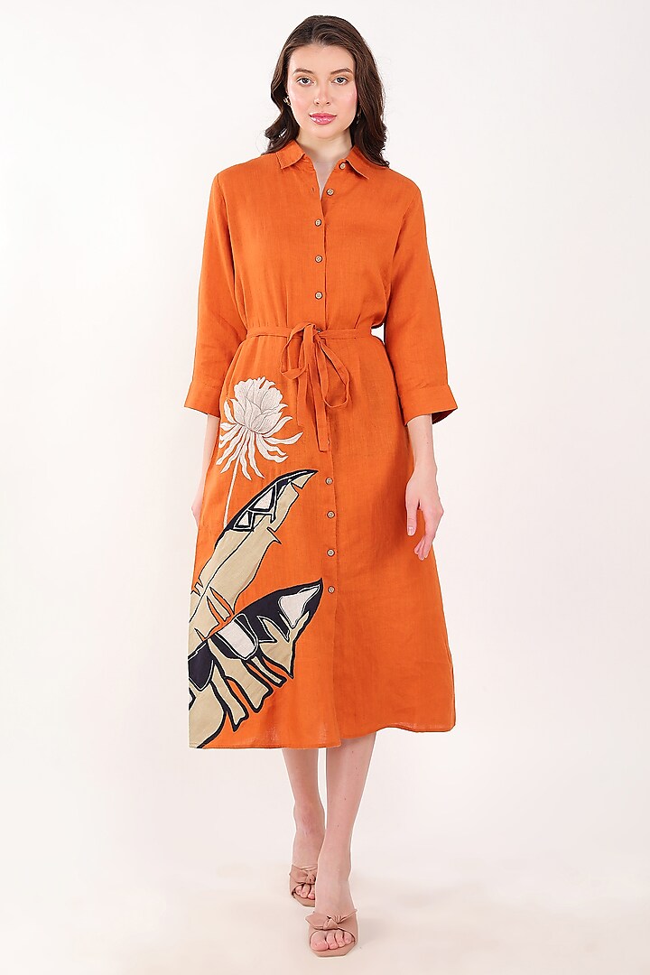 Orange Linen Palm Leaf Embroidered Dress by Linen Bloom at Pernia's Pop Up Shop