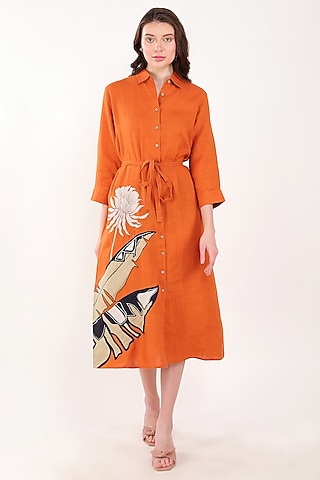 Orange Linen Palm Leaf Embroidered Dress by Linen Bloom