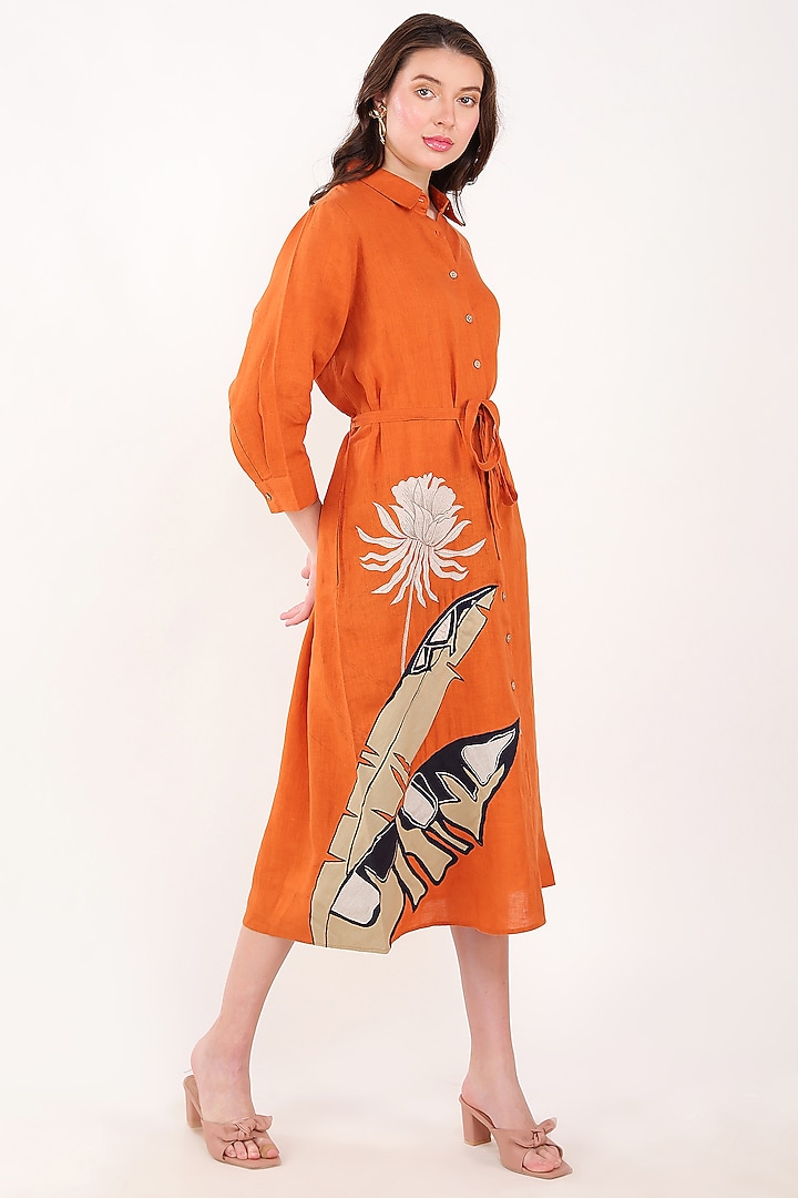 Orange Linen Palm Leaf Embroidered Vacation Dress by Linen Bloom at Pernia's Pop Up Shop
