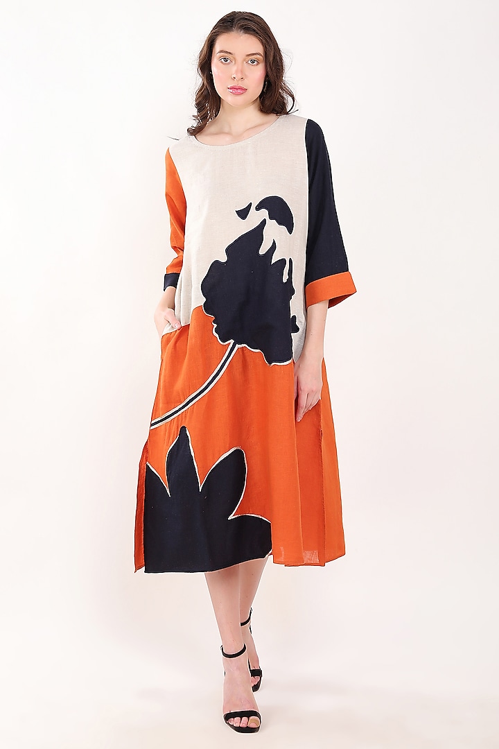 Orange & Navy Blue Linen Floral Embroidered Dress by Linen Bloom at Pernia's Pop Up Shop