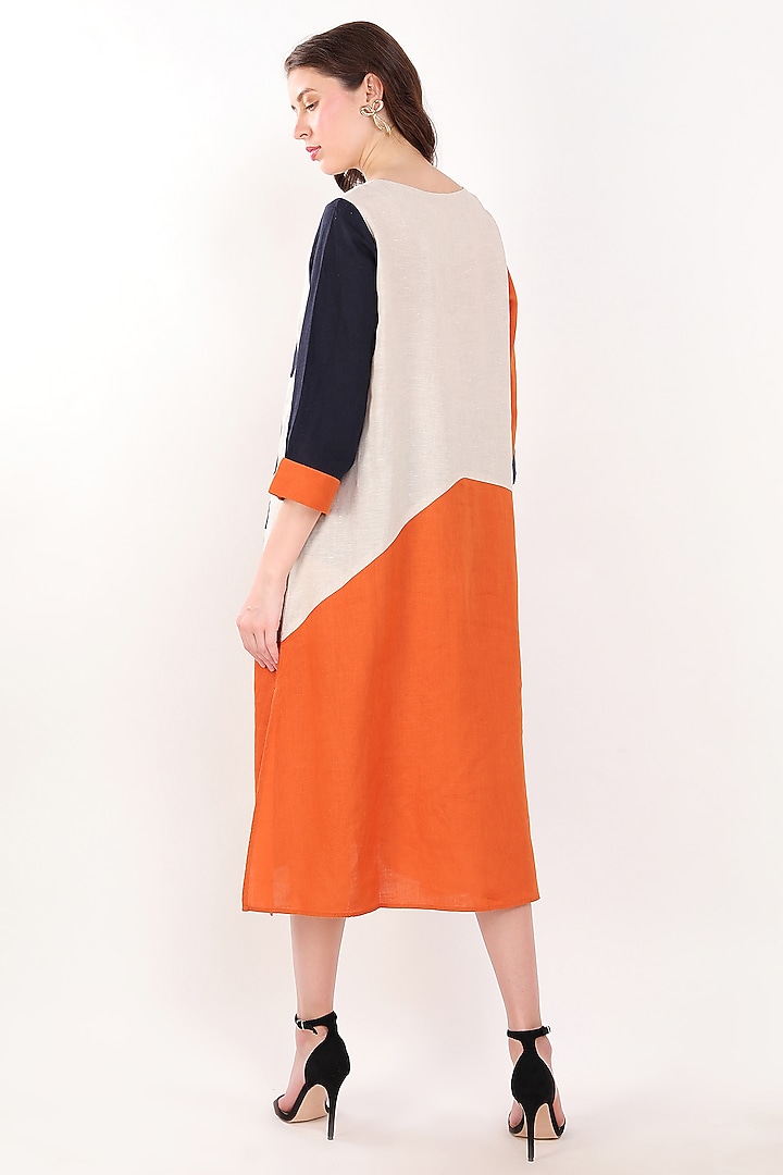 Orange & Navy Blue Linen Floral Embroidered Vacation Dress by Linen Bloom at Pernia's Pop Up Shop