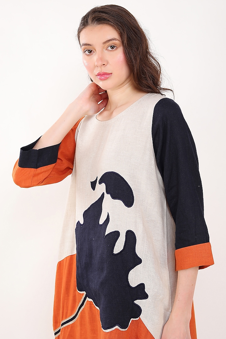 Orange & Navy Blue Linen Floral Embroidered Vacation Dress by Linen Bloom at Pernia's Pop Up Shop