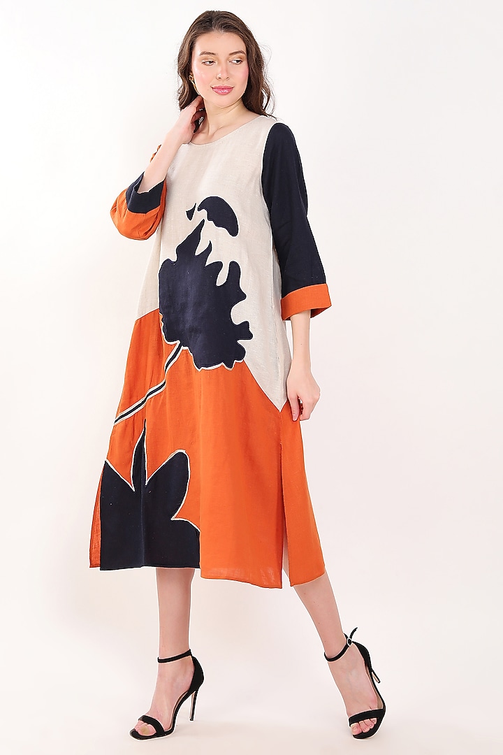 Orange & Navy Blue Linen Floral Embroidered Vacation Dress by Linen Bloom at Pernia's Pop Up Shop