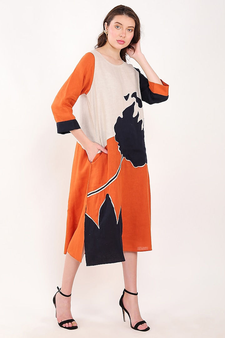 Orange & Navy Blue Linen Floral Embroidered Vacation Dress by Linen Bloom at Pernia's Pop Up Shop
