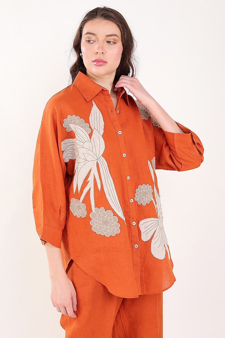 Orange Linen Floral Embroidered Shirt by Linen Bloom at Pernia's Pop Up Shop