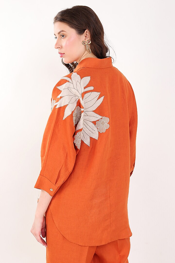 Orange Linen Floral Embroidered Shirt by Linen Bloom at Pernia's Pop Up Shop