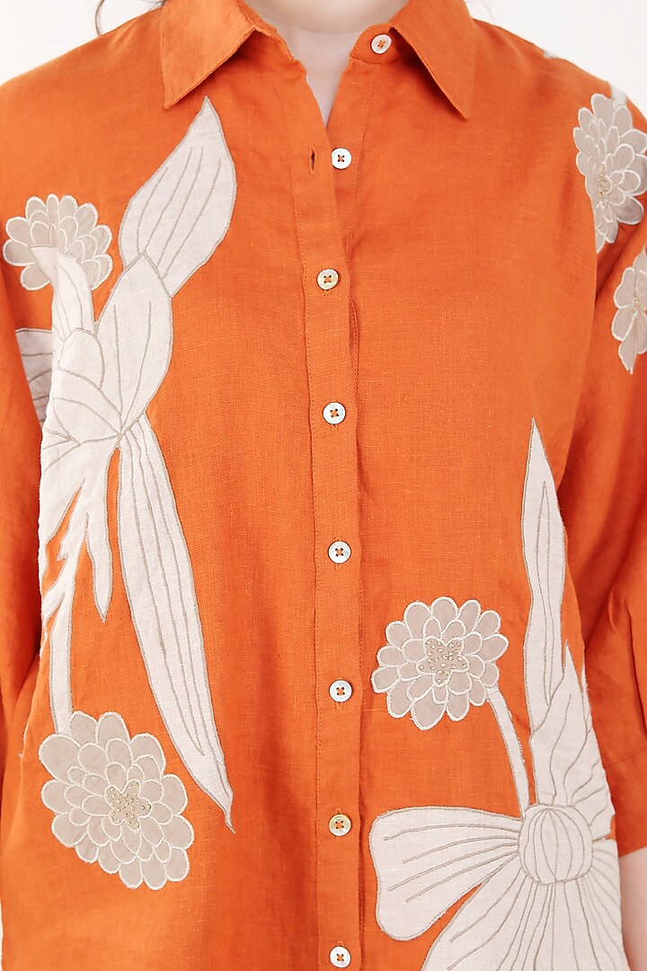 Orange Linen Floral Embroidered Shirt by Linen Bloom at Pernia's Pop Up Shop