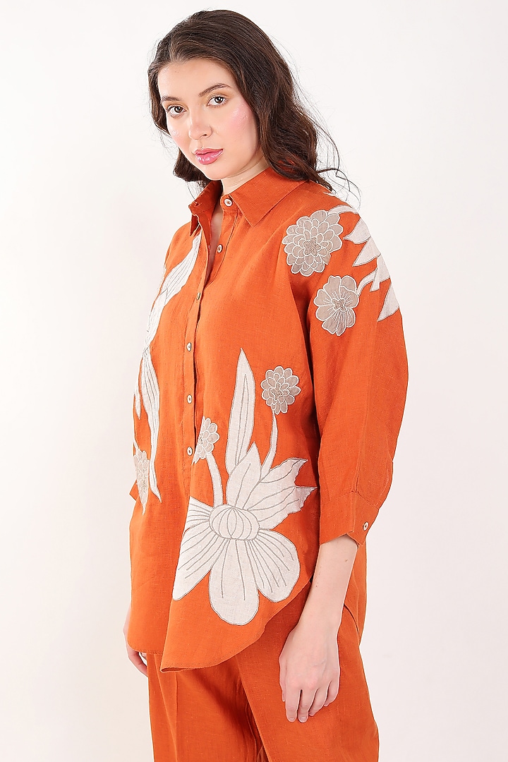 Orange Linen Floral Embroidered Shirt by Linen Bloom at Pernia's Pop Up Shop