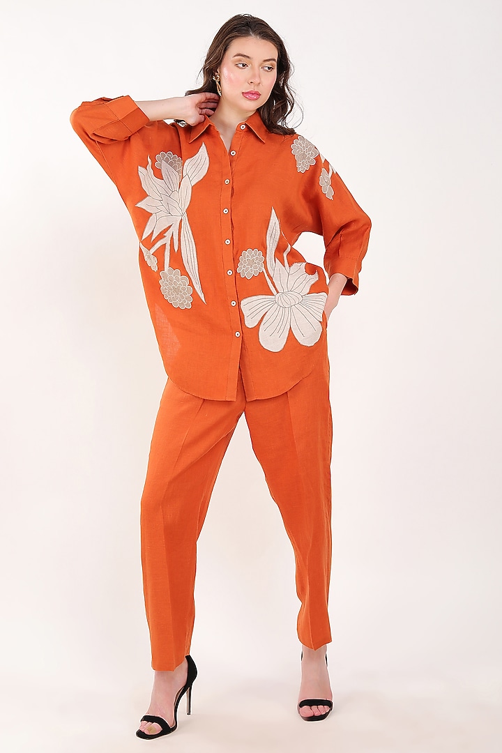 Orange Linen Floral Embroidered Shirt by Linen Bloom at Pernia's Pop Up Shop