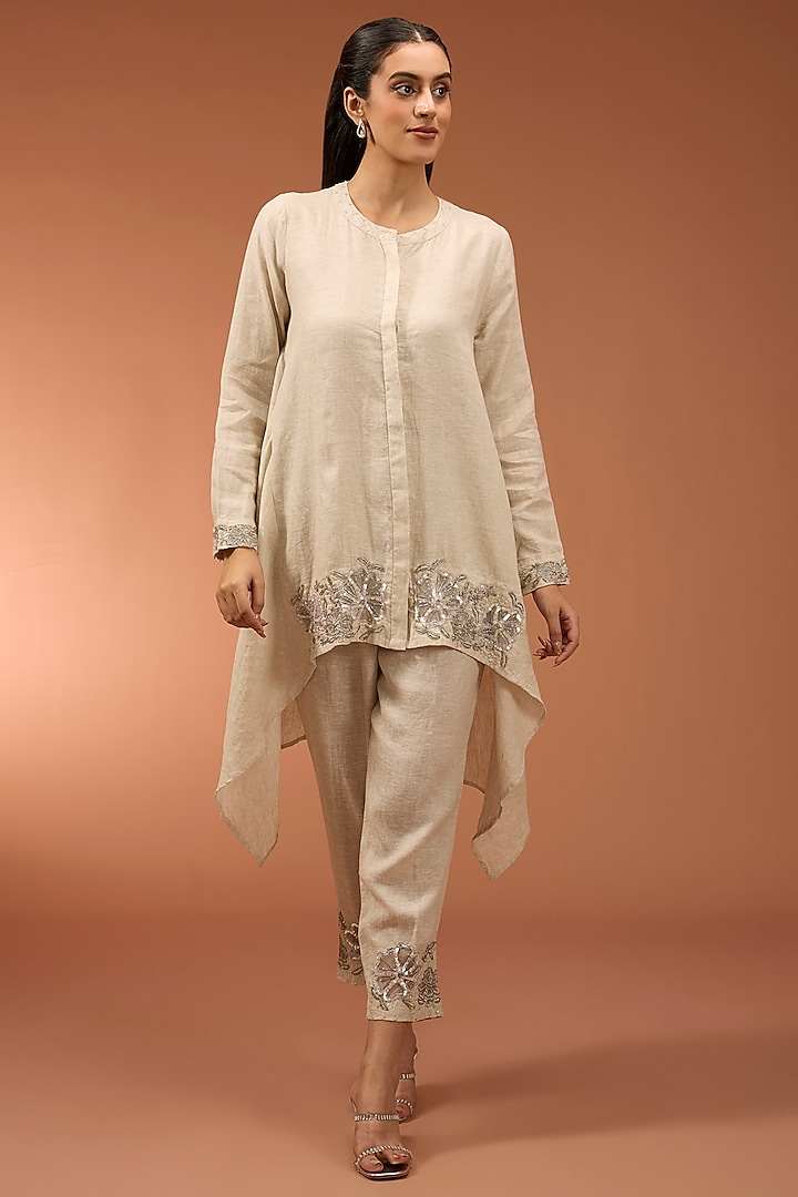 Beige Linen Sequins Embroidered High-Low Tunic Set by Linen Bloom at Pernia's Pop Up Shop