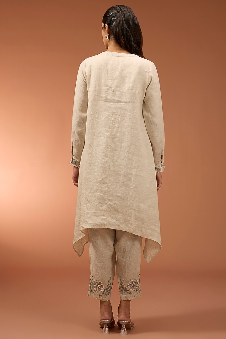 Beige Linen Sequins Embroidered High-Low Tunic Set by Linen Bloom at Pernia's Pop Up Shop