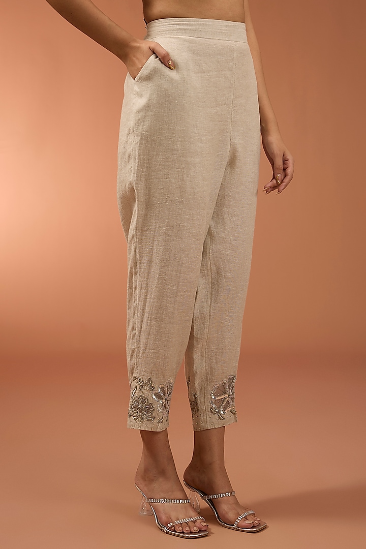 Beige Linen Sequins Embroidered High-Low Tunic Set by Linen Bloom at Pernia's Pop Up Shop