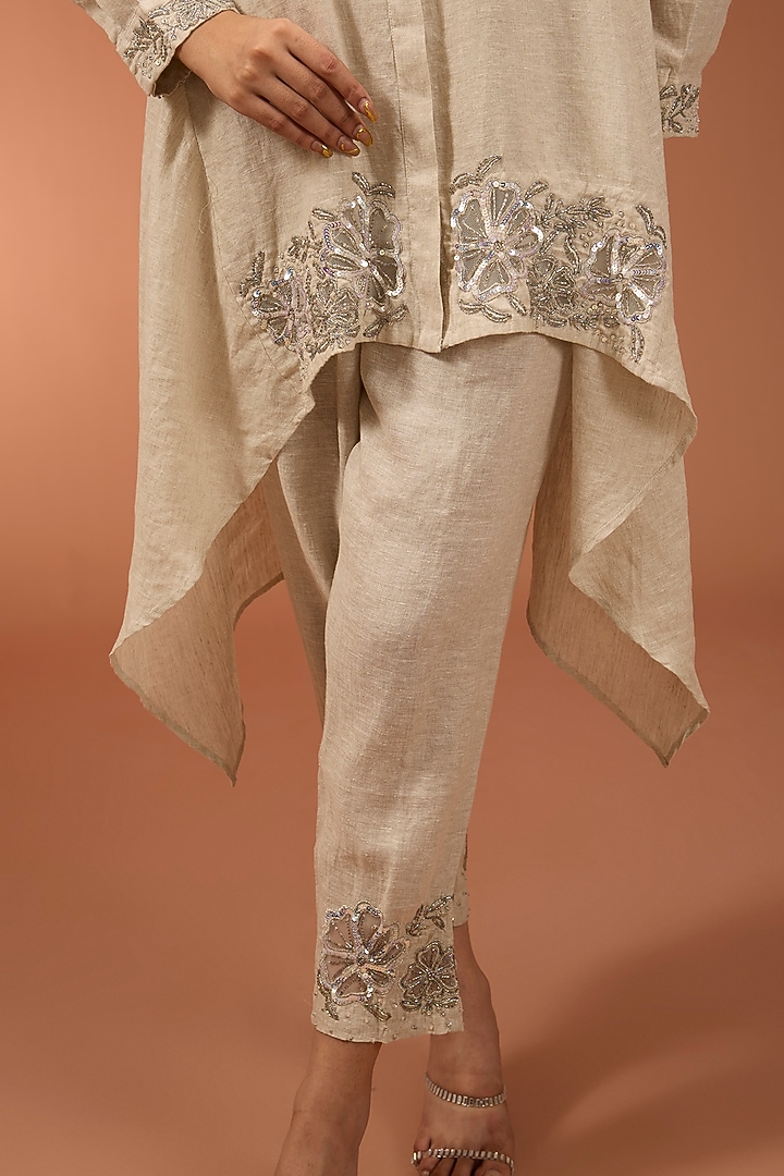 Beige Linen Sequins Embroidered High-Low Tunic Set by Linen Bloom at Pernia's Pop Up Shop