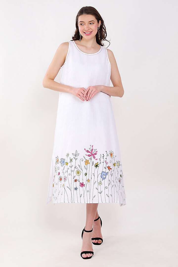 White Linen Floral Embroidered Dress by Linen Bloom at Pernia's Pop Up Shop