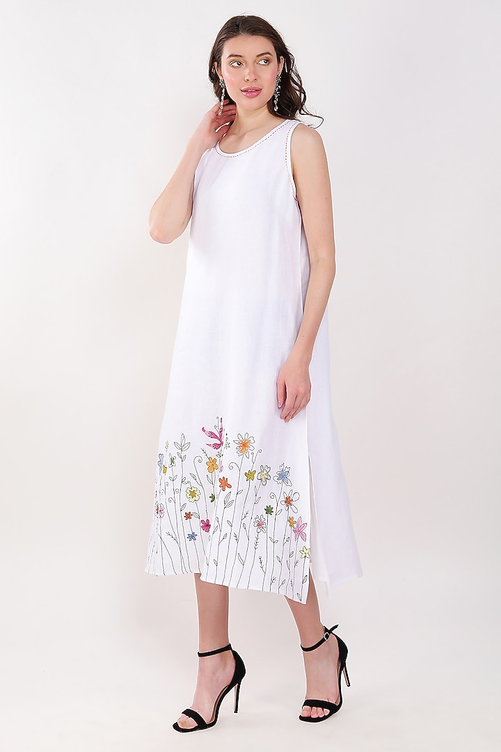 White Linen Floral Embroidered Summer Dress by Linen Bloom at Pernia's Pop Up Shop