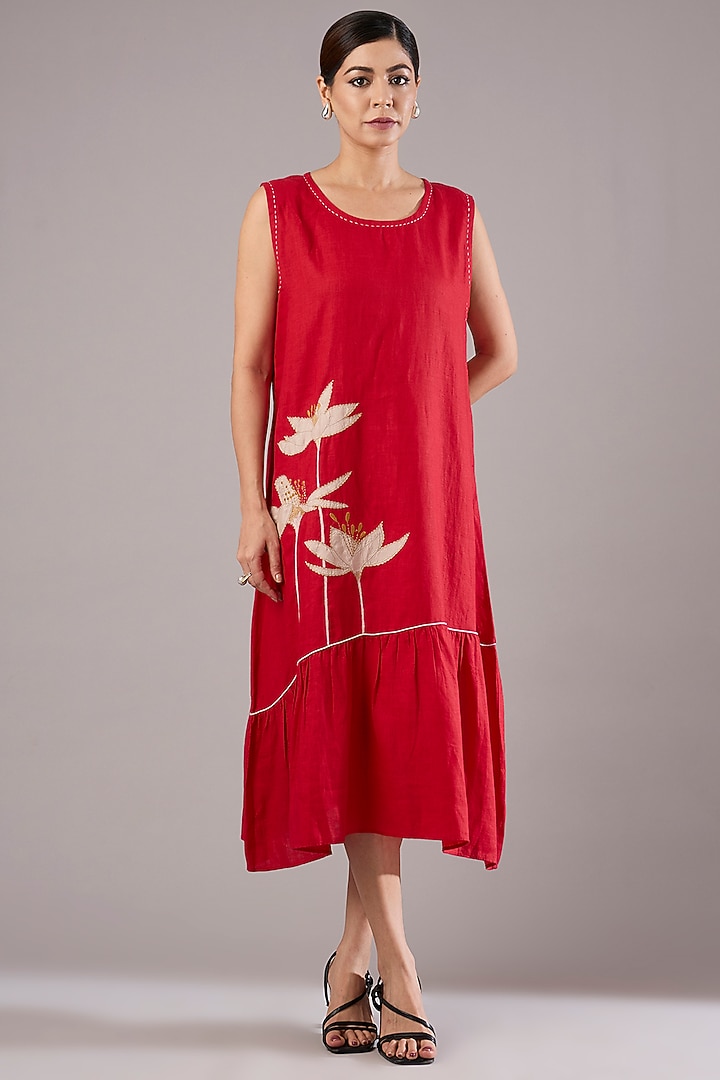 Red Linen Embroidered Midi Vacation Dress by Linen Bloom at Pernia's Pop Up Shop