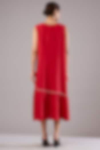 Red Linen Embroidered Midi Vacation Dress by Linen Bloom at Pernia's Pop Up Shop