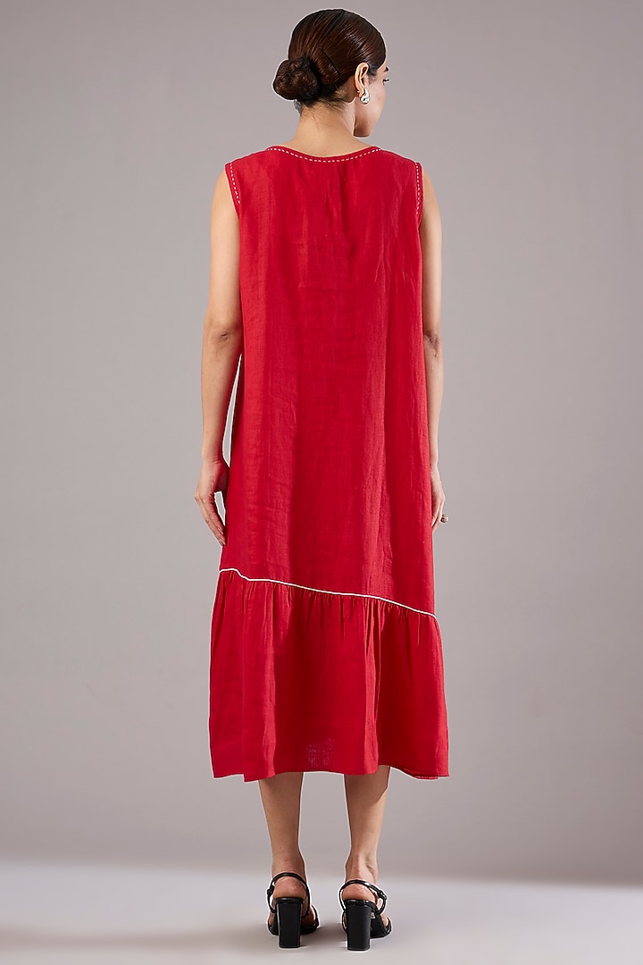 Red Linen Embroidered Midi Vacation Dress by Linen Bloom at Pernia's Pop Up Shop