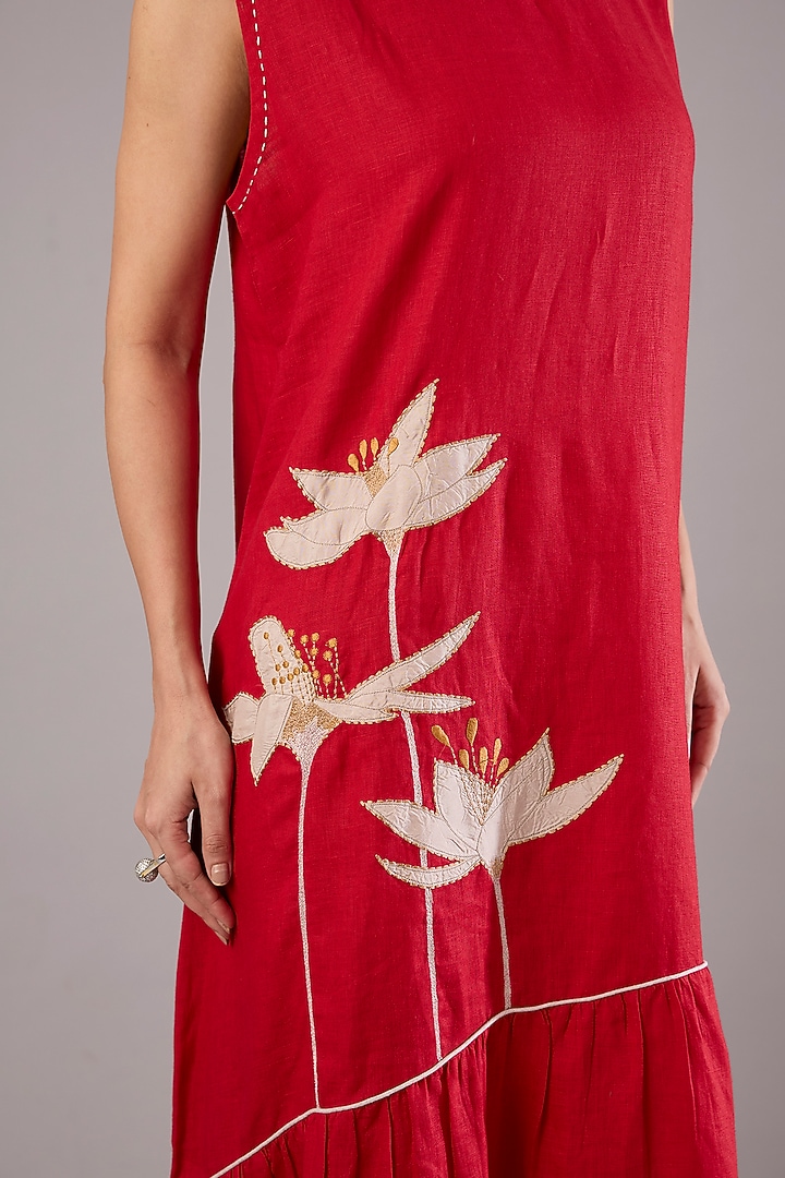 Red Linen Embroidered Midi Vacation Dress by Linen Bloom at Pernia's Pop Up Shop