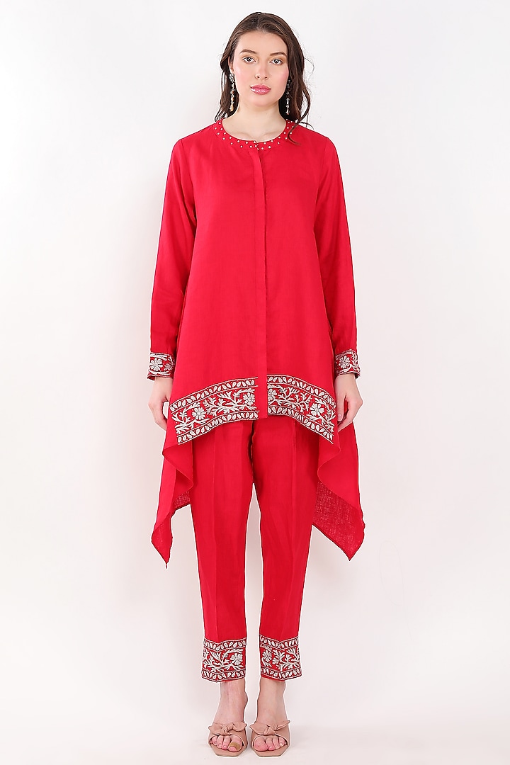 Red Linen Zari Embroidered Tunic Set by Linen Bloom at Pernia's Pop Up Shop