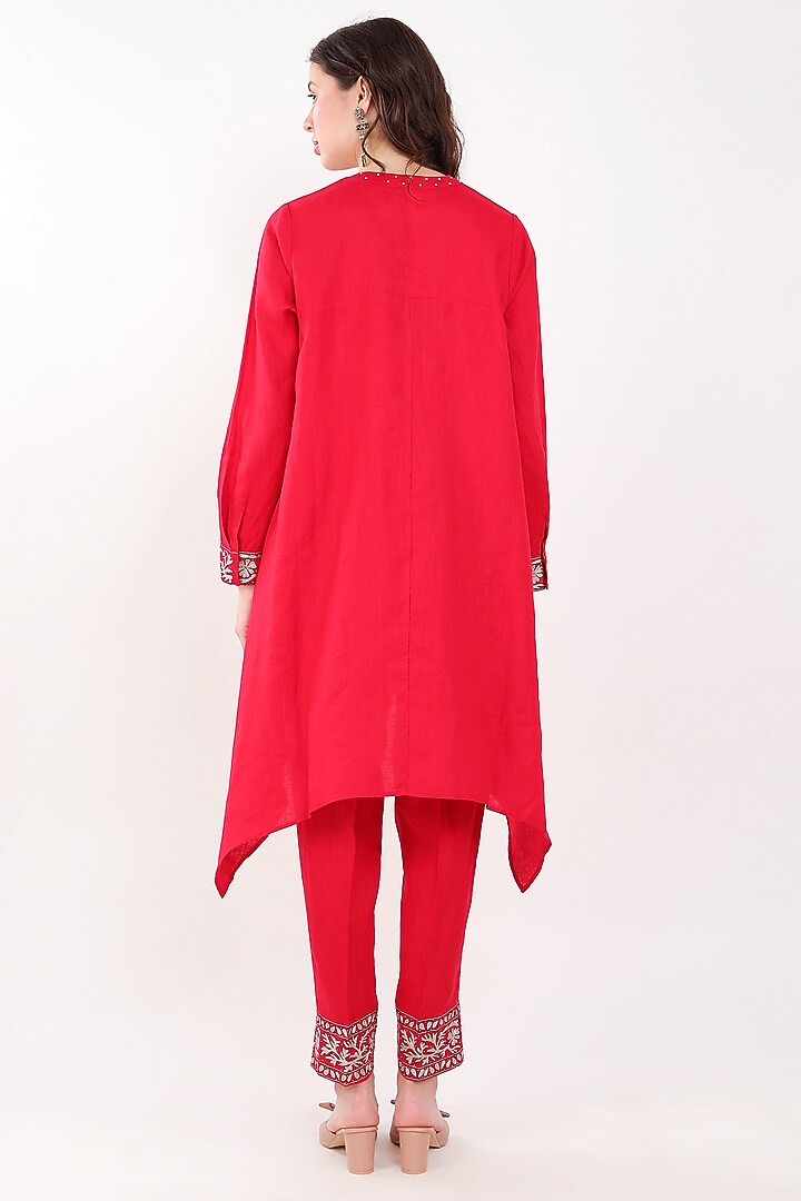 Red Linen Zari Embroidered Tunic Set by Linen Bloom at Pernia's Pop Up Shop