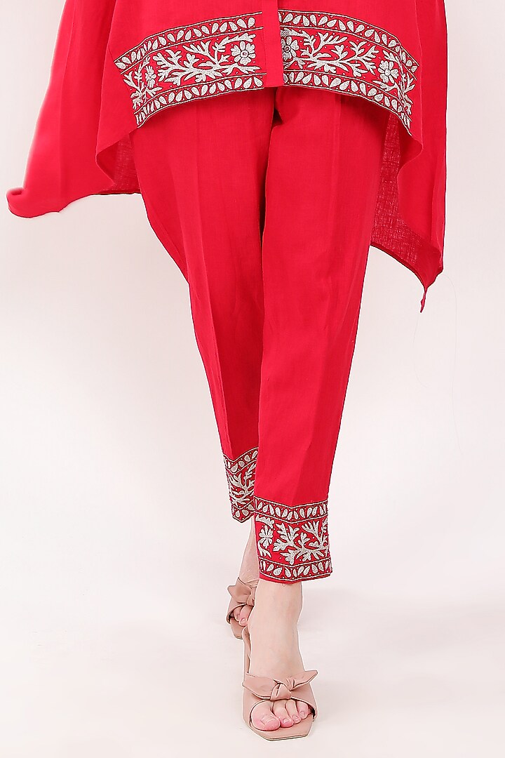 Red Linen Zari Embroidered Tunic Set by Linen Bloom at Pernia's Pop Up Shop