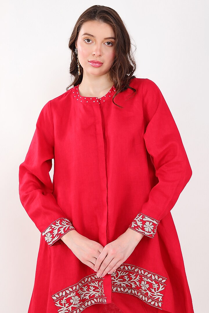 Red Linen Zari Embroidered Tunic Set by Linen Bloom at Pernia's Pop Up Shop