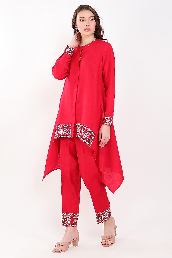 Red Linen Zari Embroidered Tunic Set by Linen Bloom at Pernia's Pop Up Shop