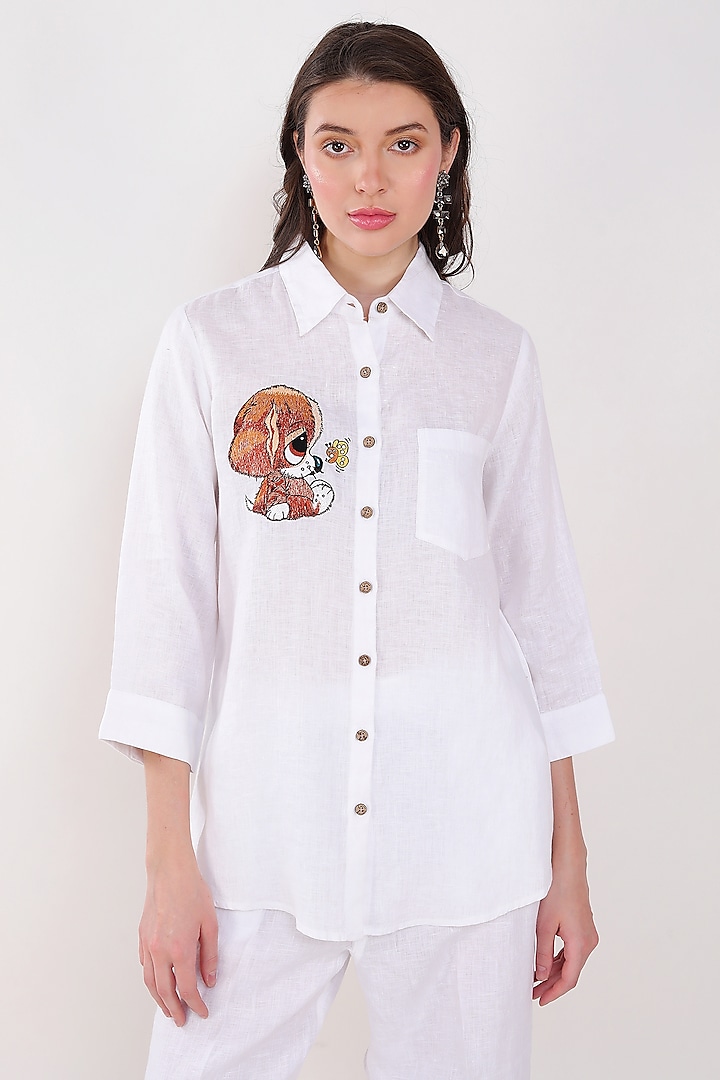 White Linen Embroidered Shirt by Linen Bloom at Pernia's Pop Up Shop