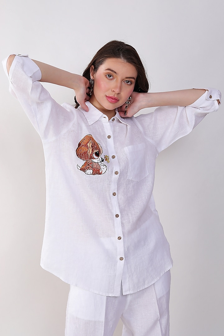 White Linen Embroidered Shirt by Linen Bloom at Pernia's Pop Up Shop