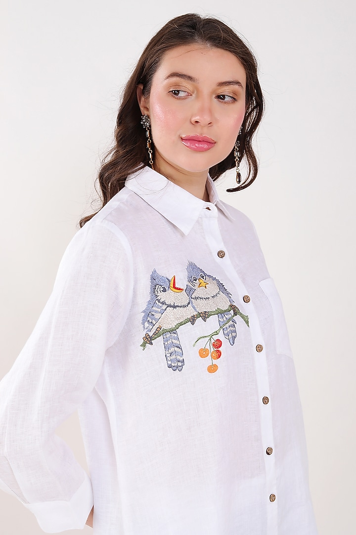 White Linen Embroidered Shirt by Linen Bloom at Pernia's Pop Up Shop