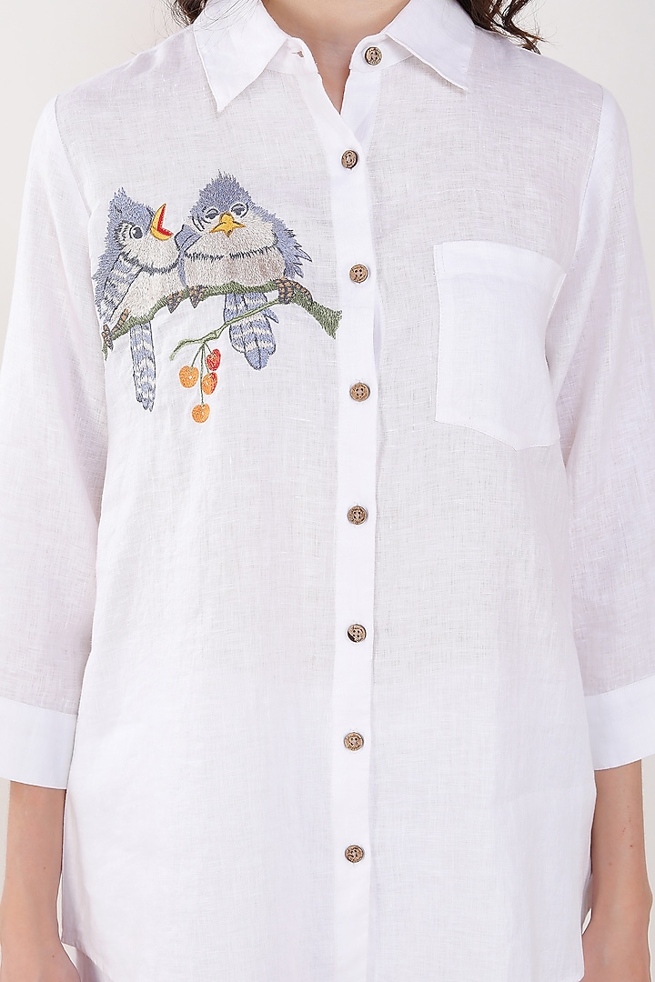 White Linen Embroidered Shirt by Linen Bloom at Pernia's Pop Up Shop