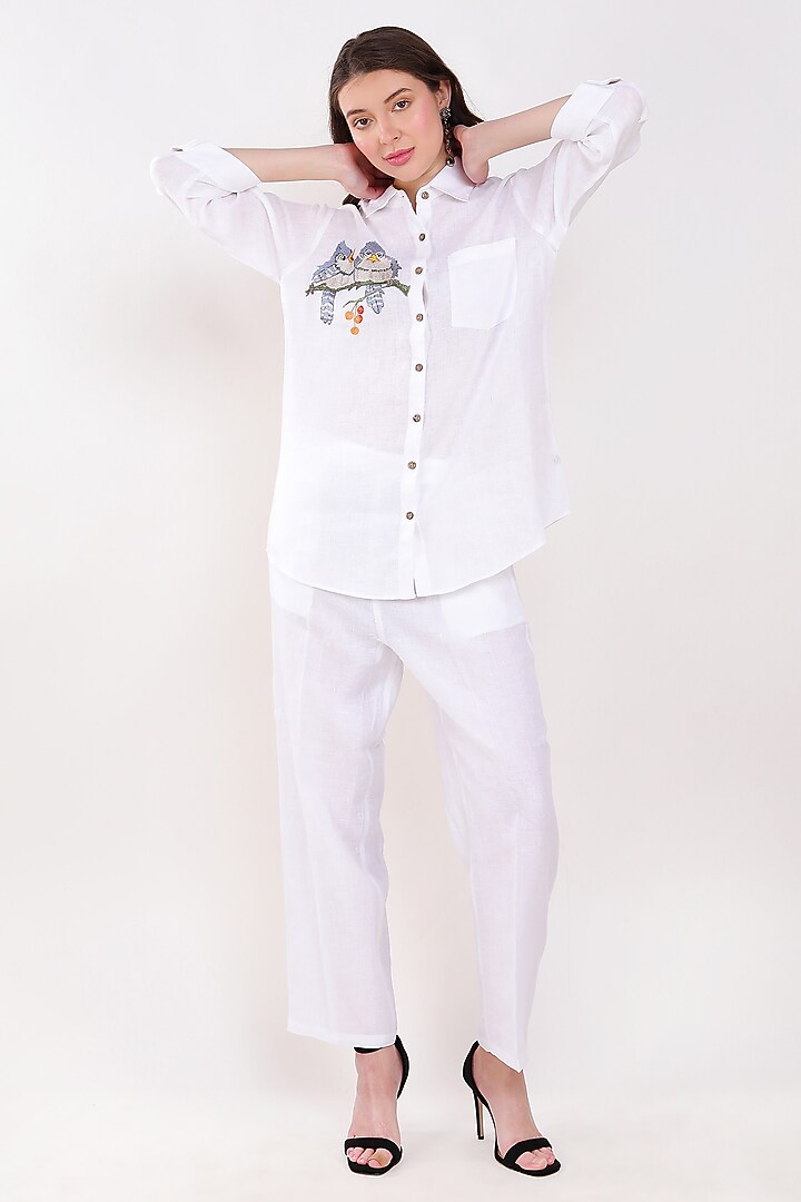 White Linen Embroidered Shirt by Linen Bloom at Pernia's Pop Up Shop