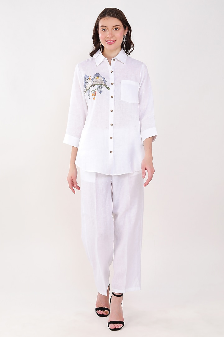 White Linen Embroidered Shirt by Linen Bloom at Pernia's Pop Up Shop