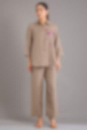 Khaki Linen Flamingo Embroidered Shirt by Linen Bloom at Pernia's Pop Up Shop