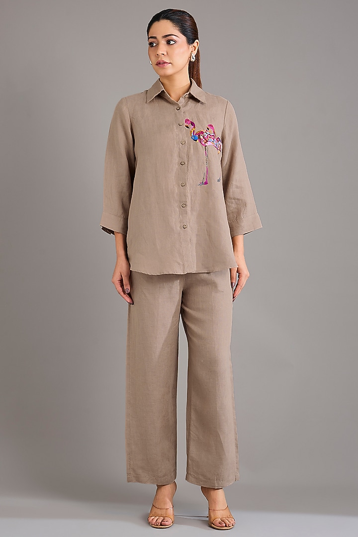 Khaki Linen Flamingo Embroidered Shirt by Linen Bloom at Pernia's Pop Up Shop