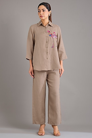 Khaki Linen Flamingo Embroidered Shirt by Linen Bloom