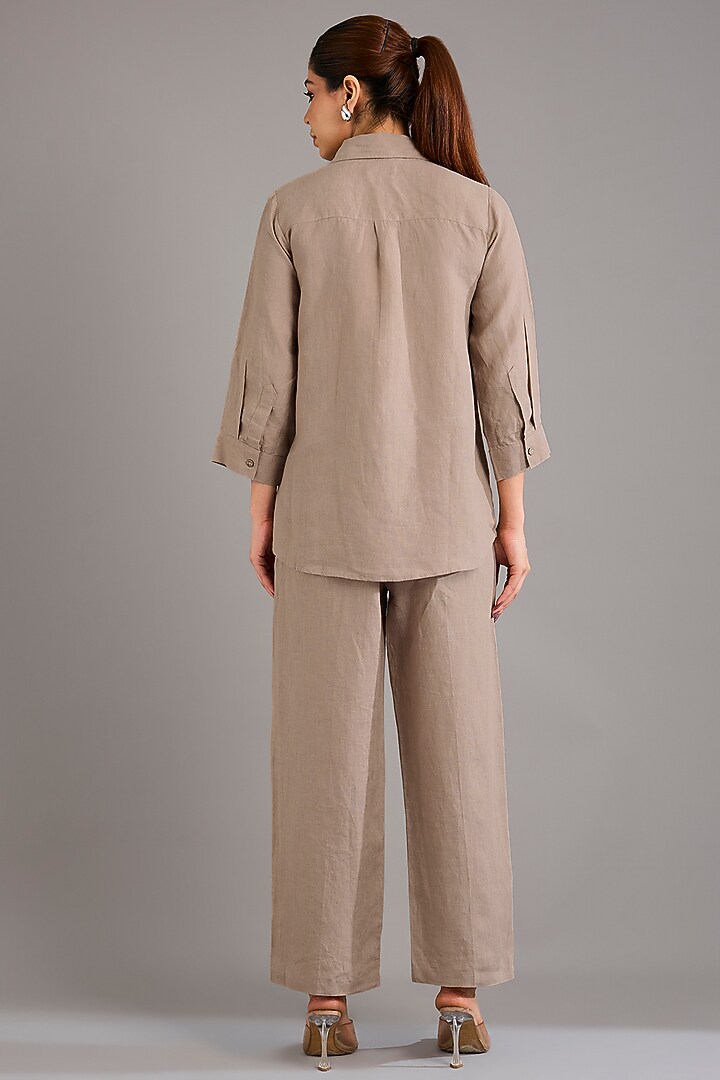 Khaki Linen Flamingo Embroidered Shirt by Linen Bloom at Pernia's Pop Up Shop